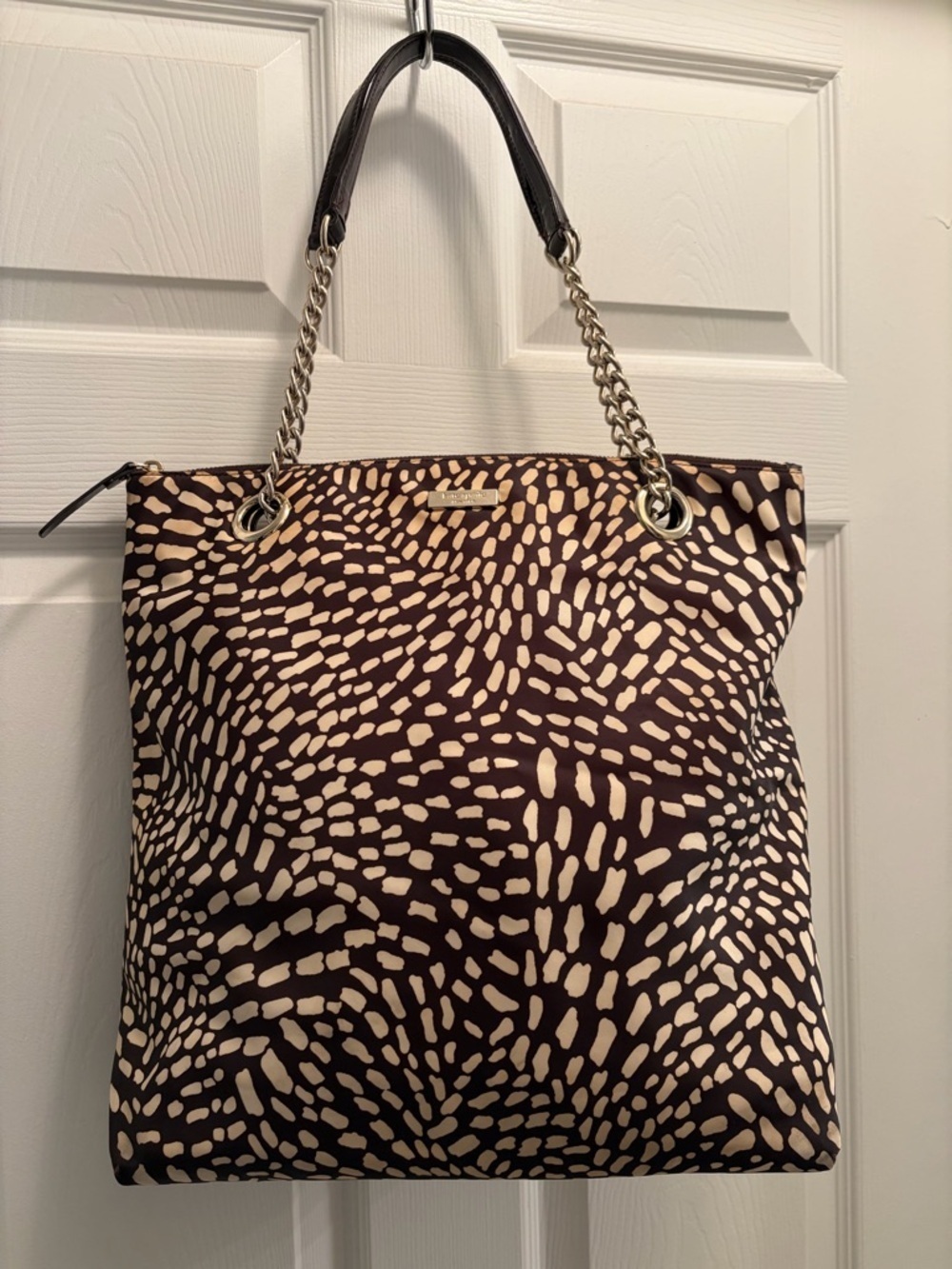 Kate Spade New York Brown & Cream Nylon Tote Bag Chain Strap Zip Top